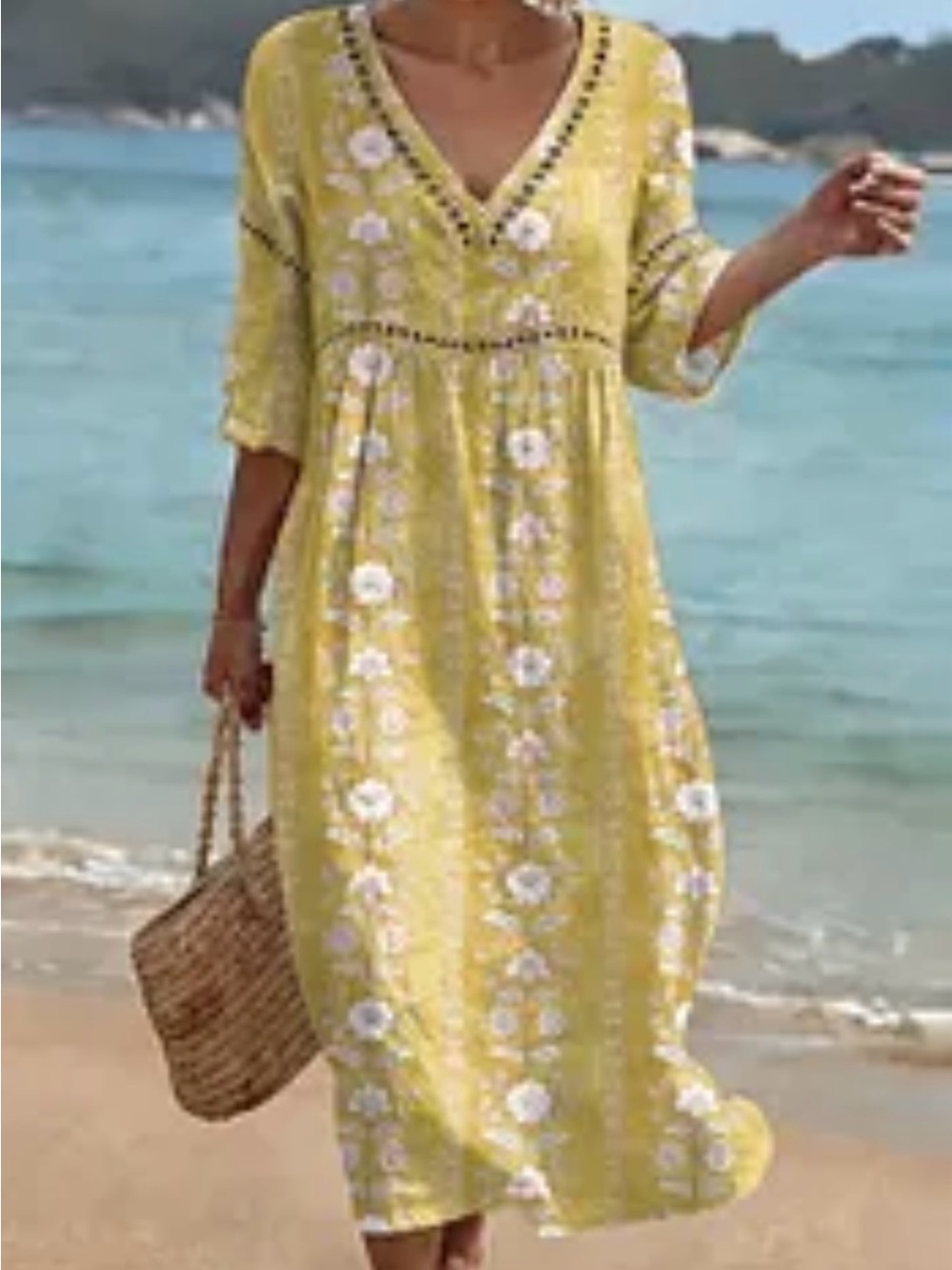 Yellow Floral V-Neck Boho Maxi Dress